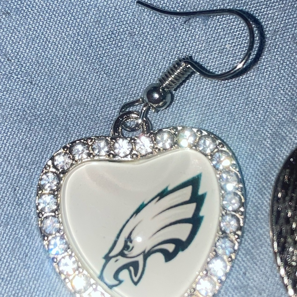 Silver Heart Drop Earrings with Eagles Green Logo Accent - Picture 2 of 3